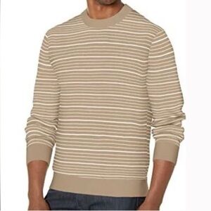 Theory Mens Medium Riland Crew St Eco Breach Sweater Beige Striped Crewneck